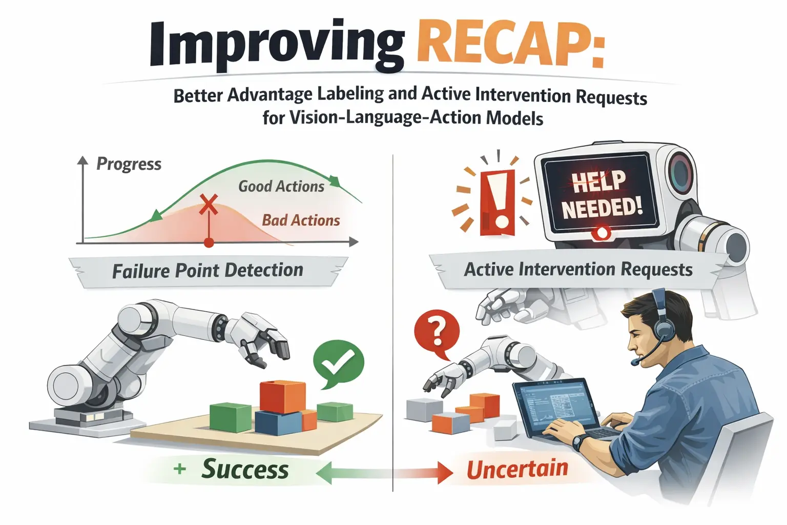Improving RECAP: Better Advantage Labeling and Active Intervention Requests for VLA Models